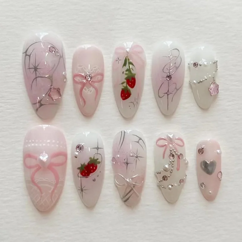 24er Set Rosa Press on Nails mit 3D Design und Gel-Kleber