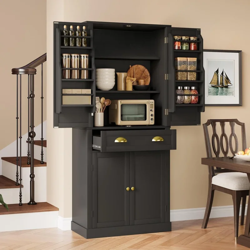 Küchenschrank Schwarz 80x40x182cm | Hochschrank mit Schublade & Ablagen