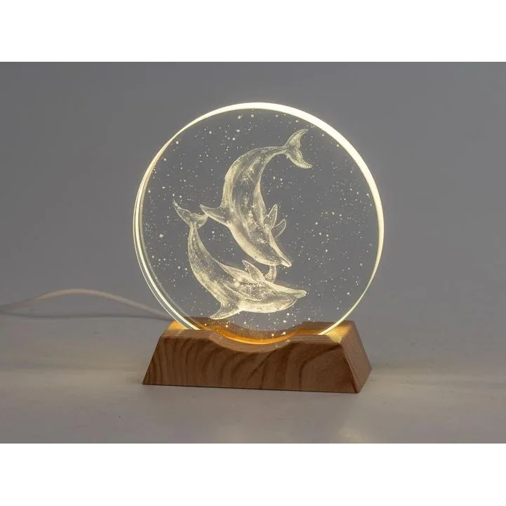 Kristalldiskus Delfine LED – dekorative 3D Lichtskulptur mit Holzsockel