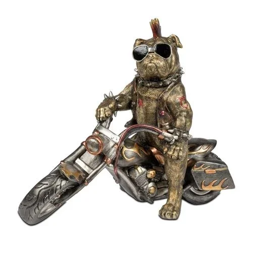 Dekofigur Bulldogge auf Motorrad 35 cm – außergewöhnliche Tierfigur in Antik Gold