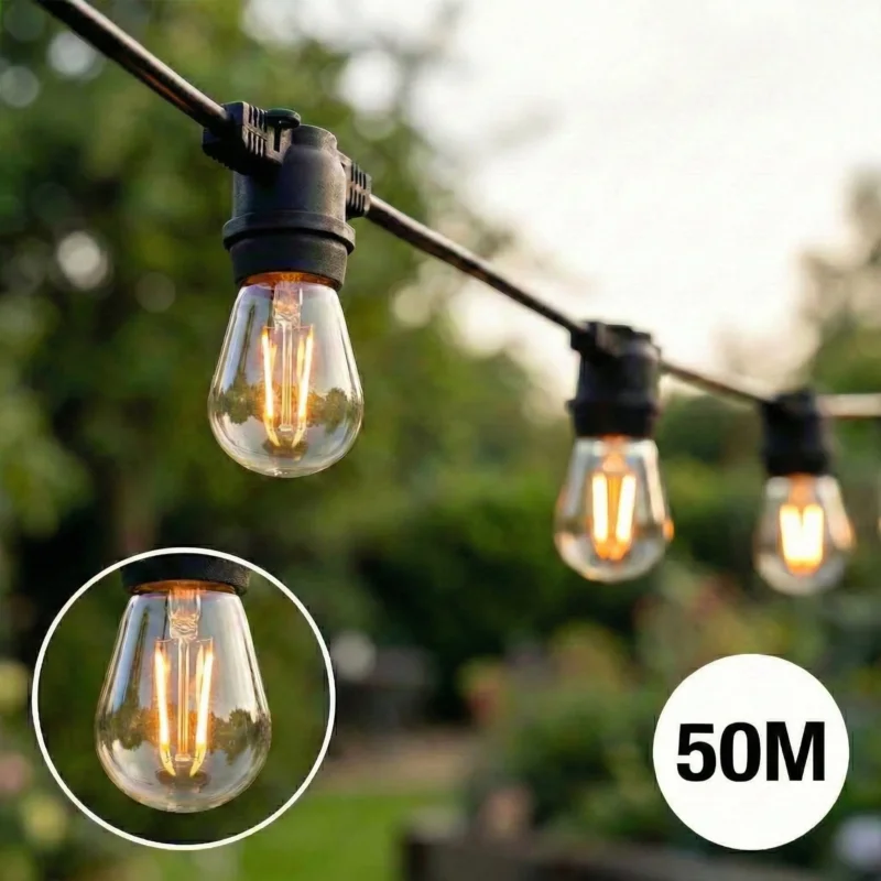 Komplettes Set | 50 Meter Lichterkette | Inklusive 50 Glühlampen | 1 W | 2700 K | Verkettbare Lichterkette