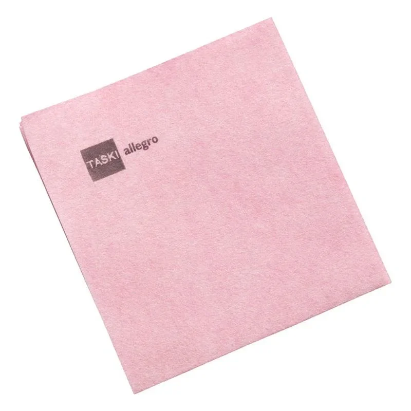 Ein einzelnes hellrosa TASKI Allegro Vliestuch von Diversey Deutschland GmbH & Co. OHG, mit "TASKI allegro" in grau in der oberen linken Ecke, auf weißem Hintergrund (50er Pack).