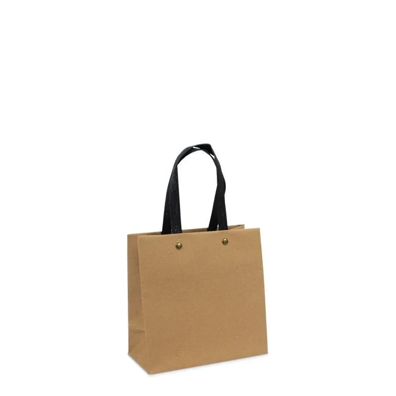 Luxuriöse ökologische Papiertaschen mit schwarzen Kraftpapier-Henkeln 16+8x16 cm Braun (100 Stück) [FP-DPK121]