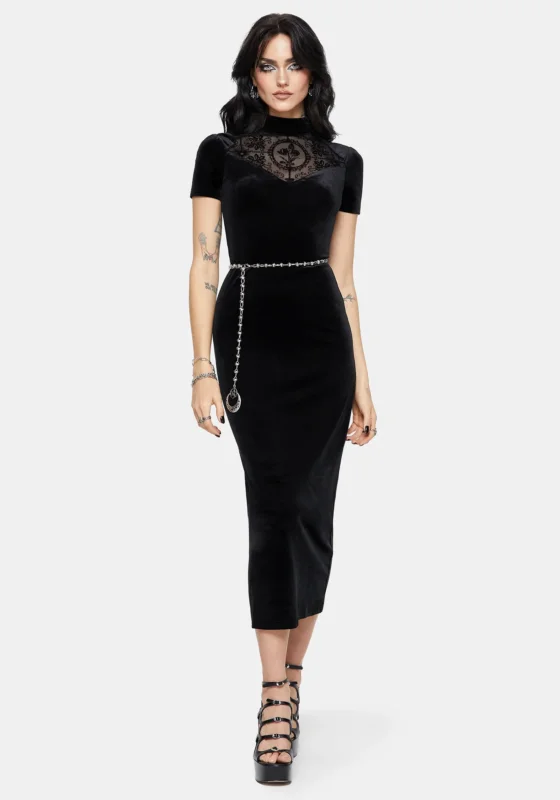 Cameo Hoch Hals Beflockt Mesh Einlage Midi Kleid