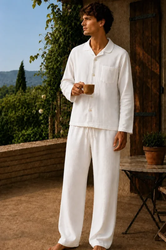Pyjama long homme en lin lavé ivoire