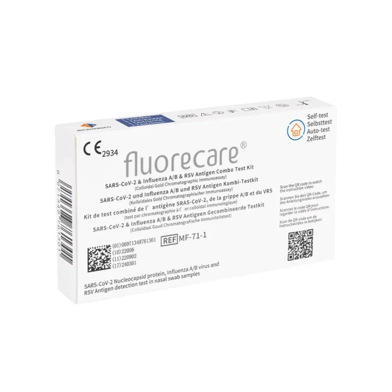 Das Bild zeigt eine Schachtel des Fluorecare SARS-CoV-2, Influenza A + B & RSV Antigen Kombitests, 1 Stück | Packung (1 Test). Die weiße Schachtel enthält mehrsprachige Anweisungen und medizinische Symbole wie ein CE-Zeichen sowie die Produktreferenznummer REFMF-71-1.