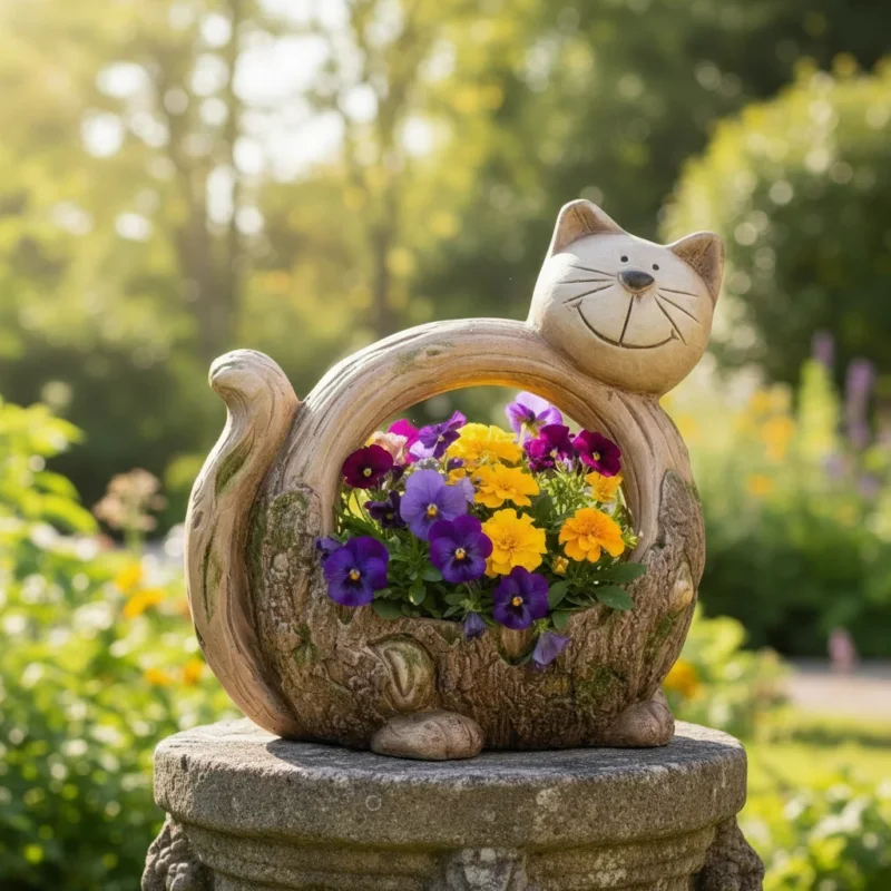 Pflanzgefäß Katze Baumrindenoptik Natur