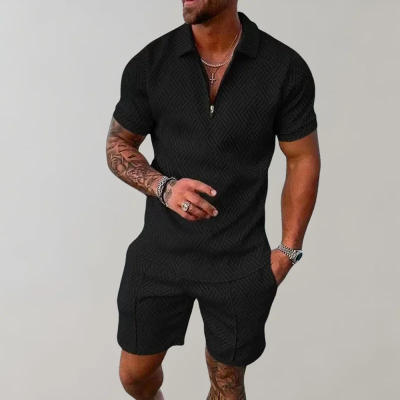 Schwarzer Herren-Zweiteiler, kurzärmelig, mit geometrischem Muster, ideal für Sommermode.