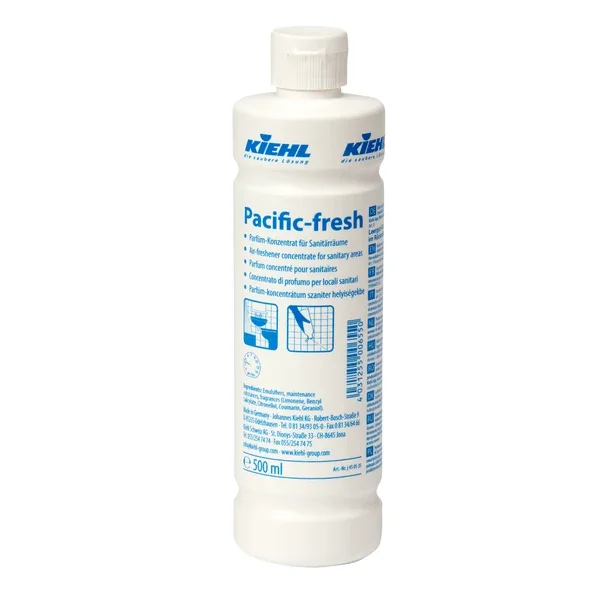 Weiße 500-ml-Kunststoffflasche Kiehl Pacific-fresh Parfüm-Konzentrat für Sanitärräume der Johannes Kiehl KG mit Geruchsneutralisation, langanhaltendem Duft, blauem Text auf dem Etikett und weißem Verschluss. Erhältlich in Kartons mit 12 Flaschen.