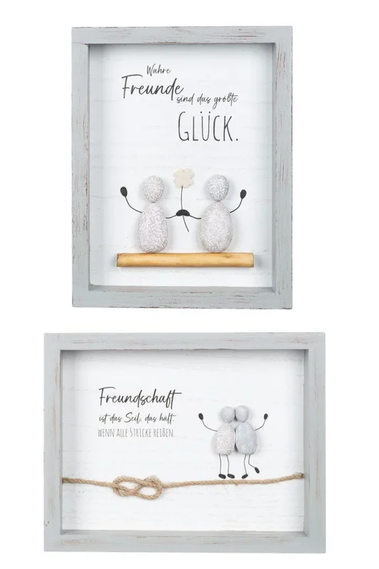 Set aus 2 Steinbildern Wahre Freunde & Freundschaft mit Spruch, 3D-Optik, grauer Rahmen)