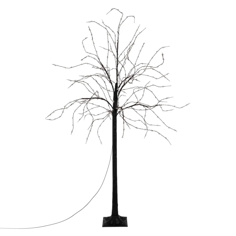 Dünner, unbeleuchteter Baum ohne Blätter, mit Kabel, vor weißem Hintergrund.
