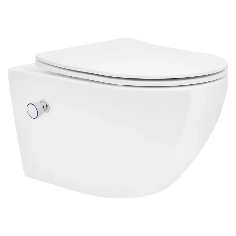 Weiße Wandtoilette mit abgerundeter Form und Spülknopf.