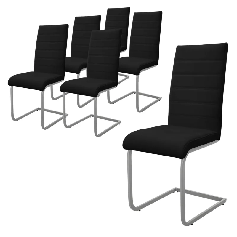 Sechs schwarze Stühle mit Metallgestell auf weißem Hintergrund.
