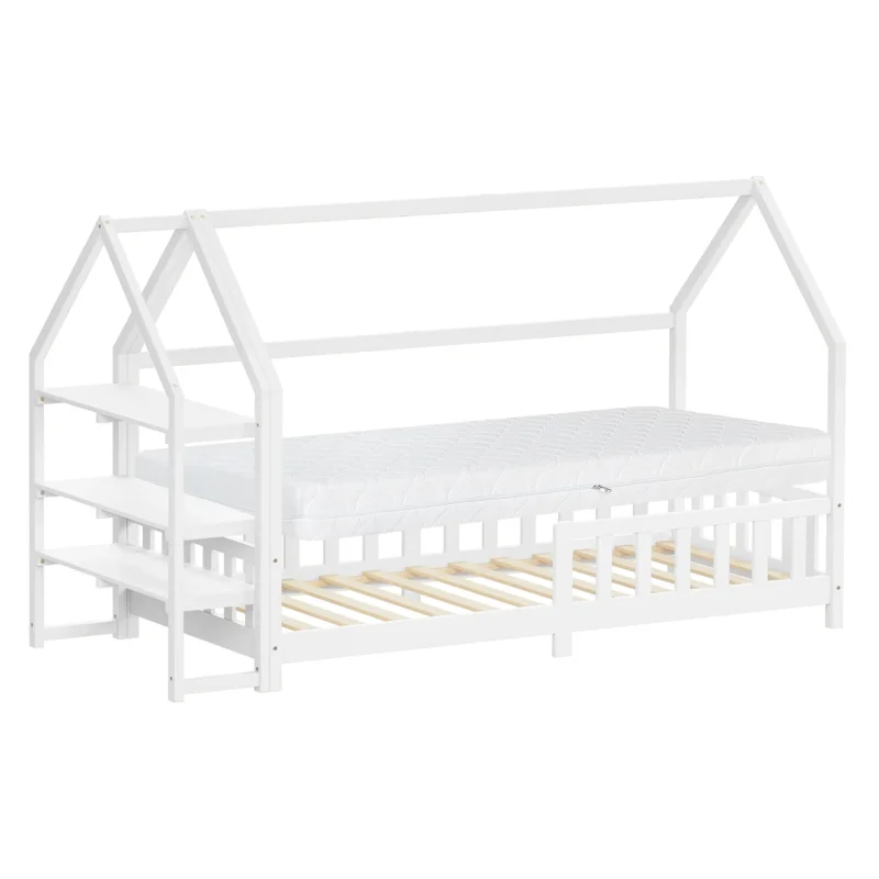 Ein weißes Kinderbett im Hausdesign mit Matratze und Lattenrost.