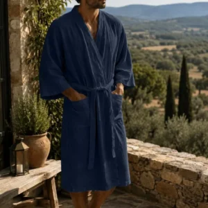 Peignoir long en lin français “Nelson” bleu nuit