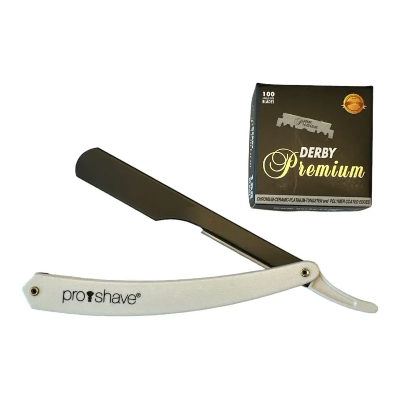 Rasiermesser für austauschbare Klingen, P2, Weiß + 100 Derby Klingen
