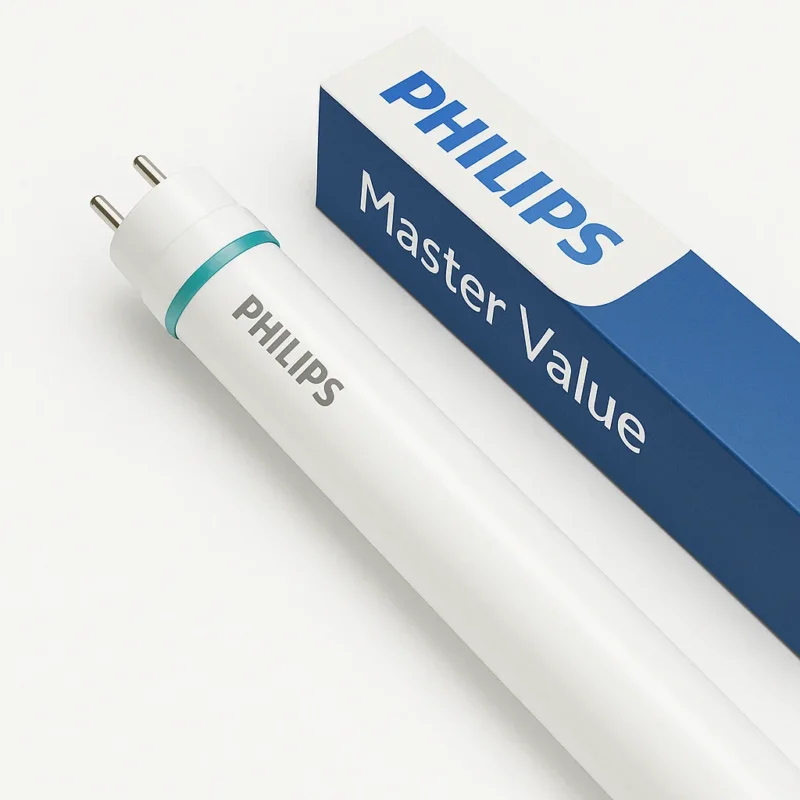 Philips Master Value LED TL-Röhre in Weiß mit Zweistiftfassung, neben der dazugehörigen blauen Verpackung, Screenshot in diagonaler Draufsicht.