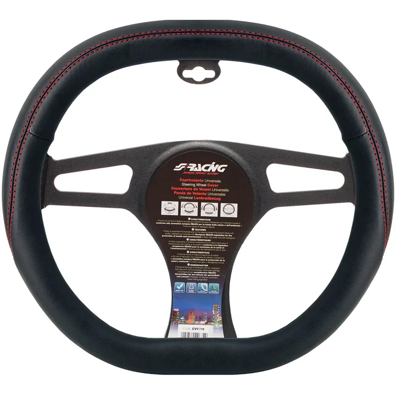 Simoni Racing, Lenkradhülle, Schwarz Ökoleder + Rote Naht, 37-39cm, Square Shape