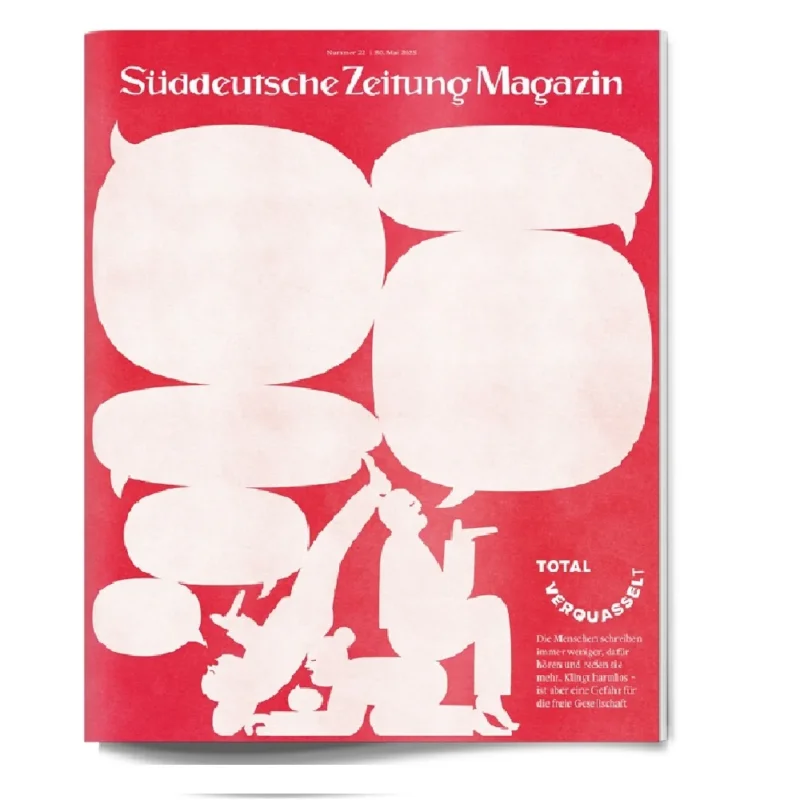 Rote Zeitschriftenhülle mit weißen Sprechblasen und zwei Personen, die sich unterhalten, eine sitzend und eine stehend auf einem Stuhl.