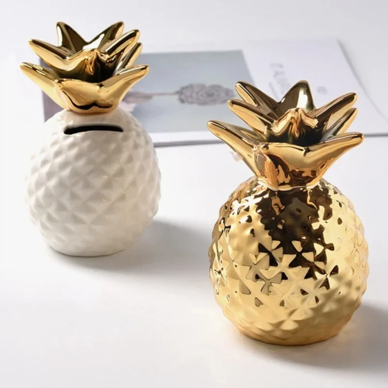 Keramik Ananas Spardose – Vergoldetes Sparglas als Tisch Dekoration Kaufschwan®