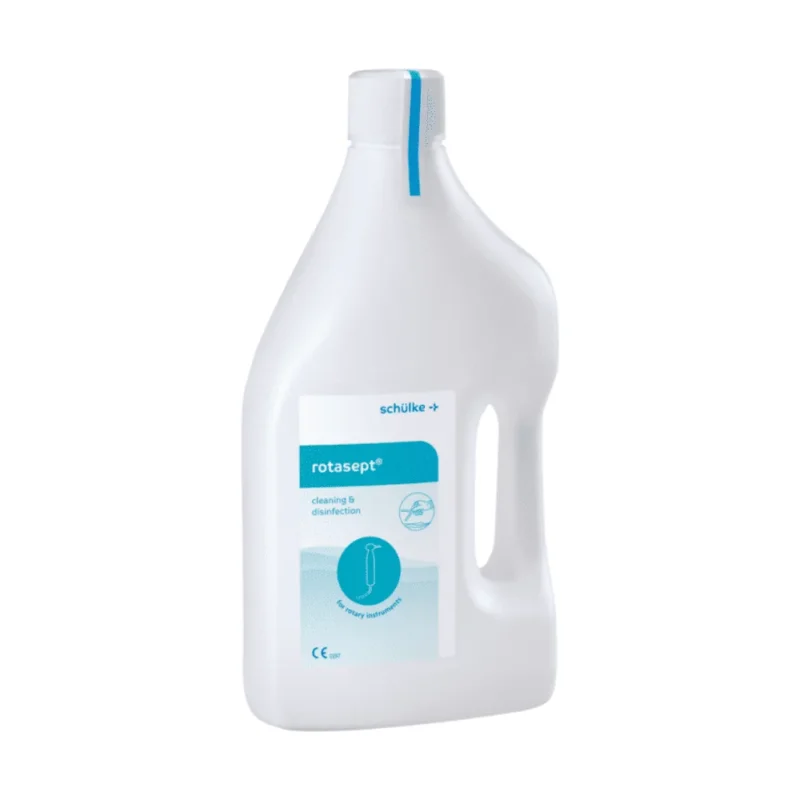 In einer weißen Kunststoffflasche mit Henkel befindet sich die Rotasept® Desinfektionsreiniger Fertiglösung (2 l) der Schülke & Mayr GmbH. Auf dem Etikett sind neben Produktdetails auch Abbildungen rotierender Instrumente zu sehen, die auf die Anwendung zur Instrumentendesinfektion hinweisen.