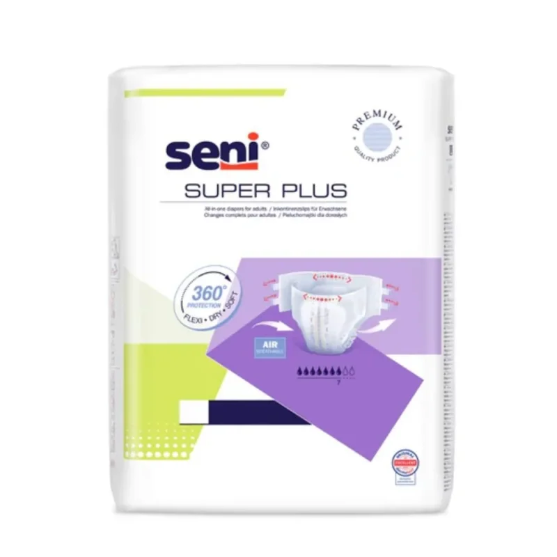 Das Bild zeigt eine Packung Seni Super Plus Atmungsaktive Inkontinenzhosen der TZMO Deutschland GmbH, bekannt für ihren Tragekomfort. Die weiße Verpackung mit violetten und grünen Akzenten hebt „360°-Schutz“ und einen Saugfähigkeitsindikator hervor.