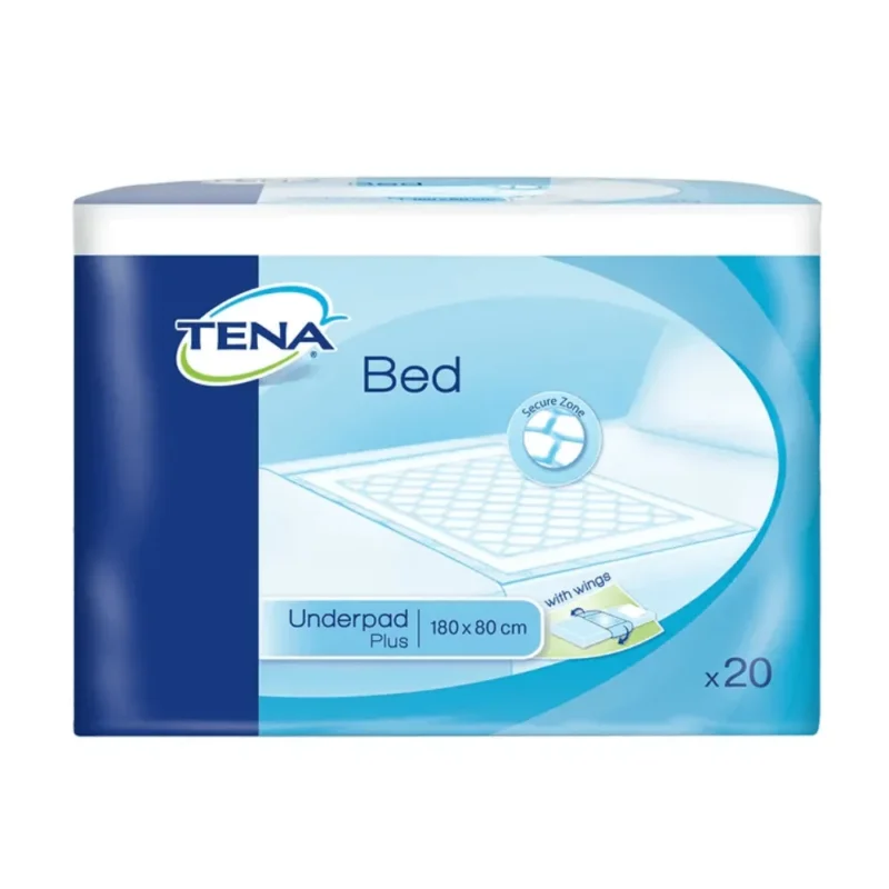 Abgebildet ist die Verpackung für TENA Bed PlusWing Bettschutzunterlagen der Essity Germany GmbH, die eine Abbildung mit Sicherheitszonenfunktionen und superabsorbierenden Mikroperlen zur Verbesserung der Saugfähigkeit zeigt. Das Produkt misst 180 x 80 cm, ist ideal für den Inkontinenzbettschutz und wird in einer Packung mit 20 Stück geliefert.