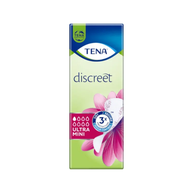 Eine Packung TENA Discreet Ultra Mini Inkontinenzeinlage von TENA – Essity Germany GmbH enthält 28 Einlagen bei leichter Blasenschwäche. Die überwiegend grüne Verpackung mit blauem Deckel zeigt ein rosa Blumendesign und das Bild einer Einlage und betont die microPROTEX™ Technologie für 3x besseren Trockenheitsschutz.