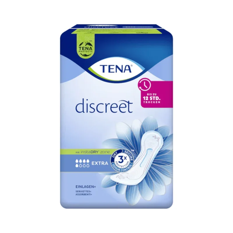 Das Bild zeigt eine Packung TENA Lady Discreet Extra Inkontinenzeinlage mit 20 Einlagen. Die Verpackung in Blau- und Lilatönen mit Blumenmuster und Einlagenabbildung betont Merkmale wie 3-fachen Schutz und bis zu 12 Stunden Trockenheit dank der fortschrittlichen InstaDRY-Technologie.