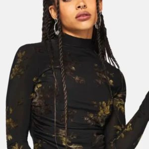 Velda Blumenmuster Beflockt Ruche Seite Mesh Top