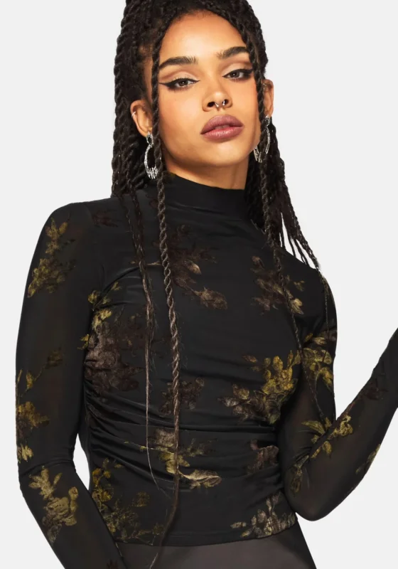 Velda Blumenmuster Beflockt Ruche Seite Mesh Top