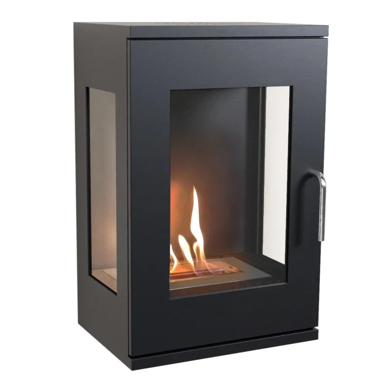 Cheyenne Black wall-mounted bioethanol stove fireplace with lit flame, angled studio shot showing three-sided glass panels