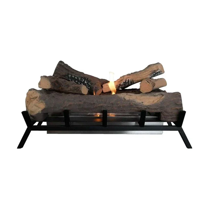 ScandiFlames bioethanol fire grate with ceramic wood logs, lit flame, studio view