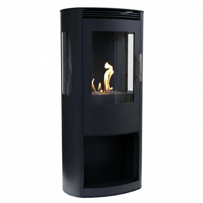Lincoln black freestanding bioethanol wood-burning stove with lit flame, angled studio view
