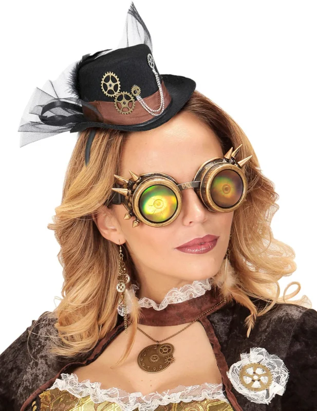Chapeau avec voile Steampunk pour adulte noir avec engrenages et chaîne