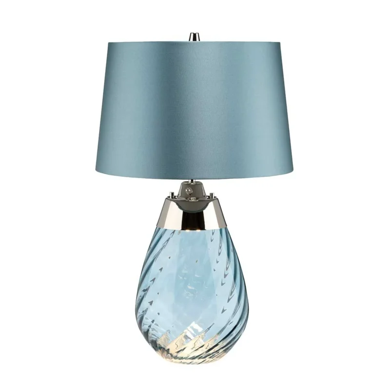 Kleine blaue Tischlampe Lena mit 2 Lichtern, blau getöntes Glas, Lampenschirm in Entenblau - Elsteadlighting - leuchtengrosshandel24