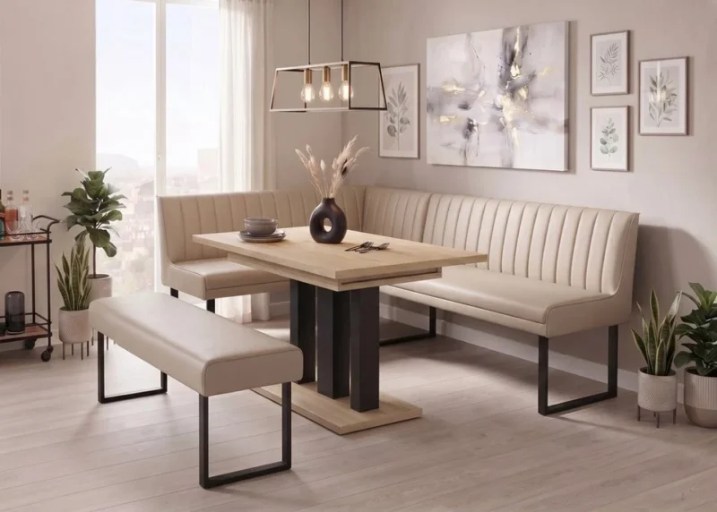 Essgruppe Lara - Eiche Natur mit Eckbank und Sitzbank in Kunstleder Beige für 7 Personen