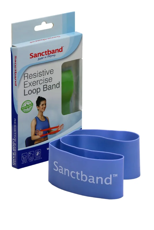 Fitnessband Sanctband Loop in Blau neben Verpackung