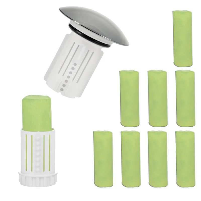 Abfluss-Fee Waschbecken - 1x Verschlussstopfen & 9x Duftstein Zitrone/Apfel für sauberen, geruchsfreien Abfluss und einfache Reinigung.