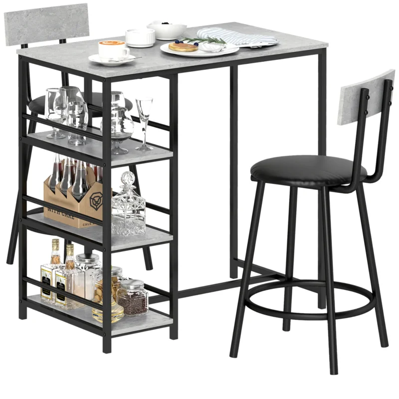 easycomfort easycomfort set da pranzo 3 pezzi con bancone bar con ripiani e 2 sedie alte con schienale grigio chiaro