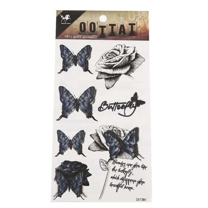 Klebetattoo Vintage Style Schmetterlinge blau Rose schwarz weiß 8 Motive 1 Bogen - chic - net.de