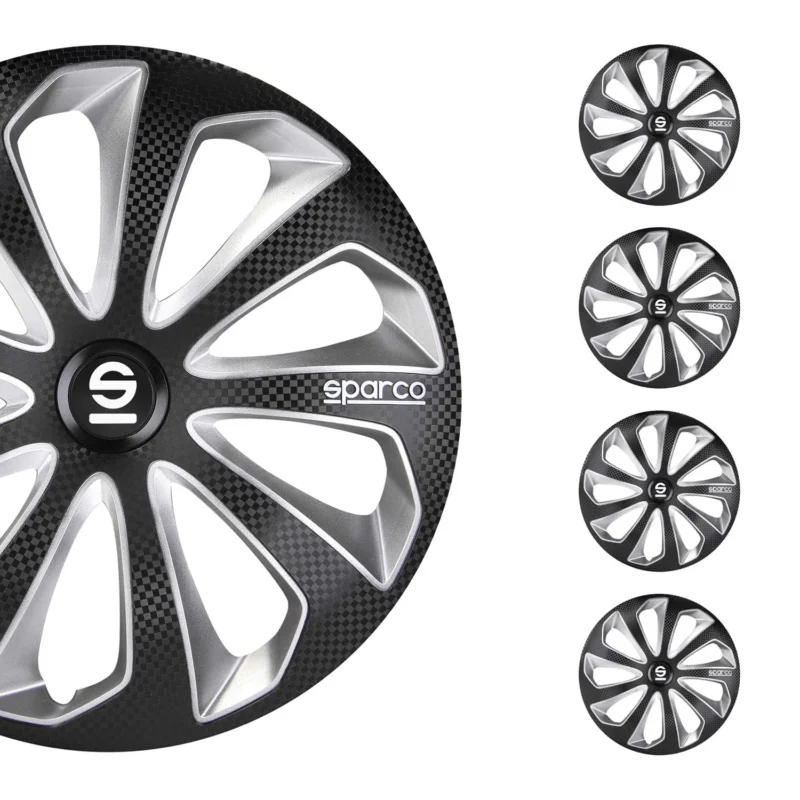 Radkappen Radzierblenden Sparco Sicilia 14" Zoll Auto Schwarz Carbon Silber 4x