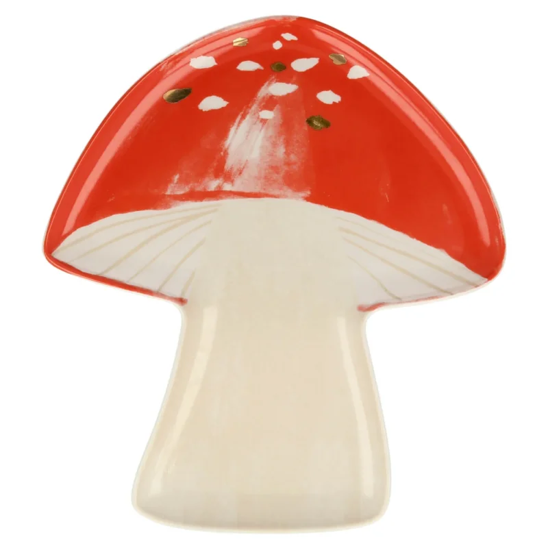 Servierplatte aus Porzellan in Pilzform, rot-weiß, mit rotem Hutdesign.