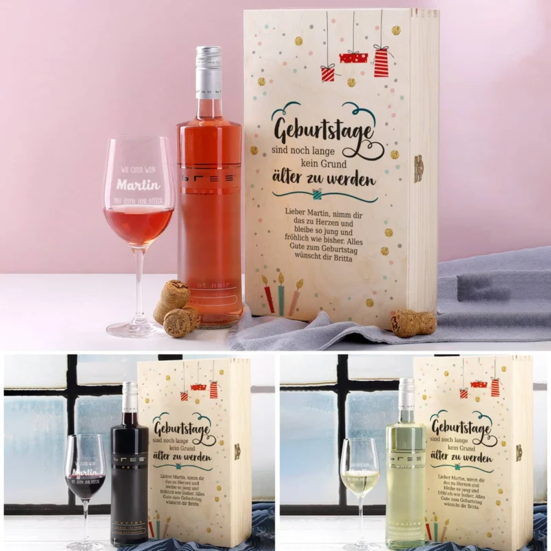 Weinset als Geburtstagsgeschenk mit Bree-Wein, graviertem Weinglas und einer bedruckten Holzbox in drei verschiedenen Sorten