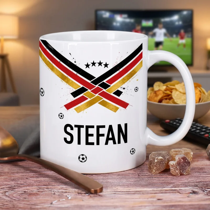 Personalisierte Fußball Tasse mit Name Stefan vor Fernseher mit Fußballspiel, Chips und Fernbedienung im Hintergrund