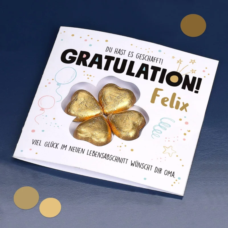 Gratulation, du hast es geschafft! - Glückwunschkarte mit Lindt Schokoladen-Kleeblatt
