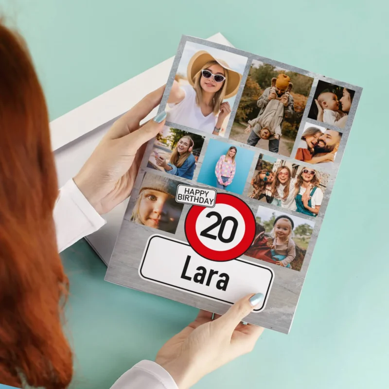 Große Klappkarte zum Geburtstag mit neun Foto, Name und Alter