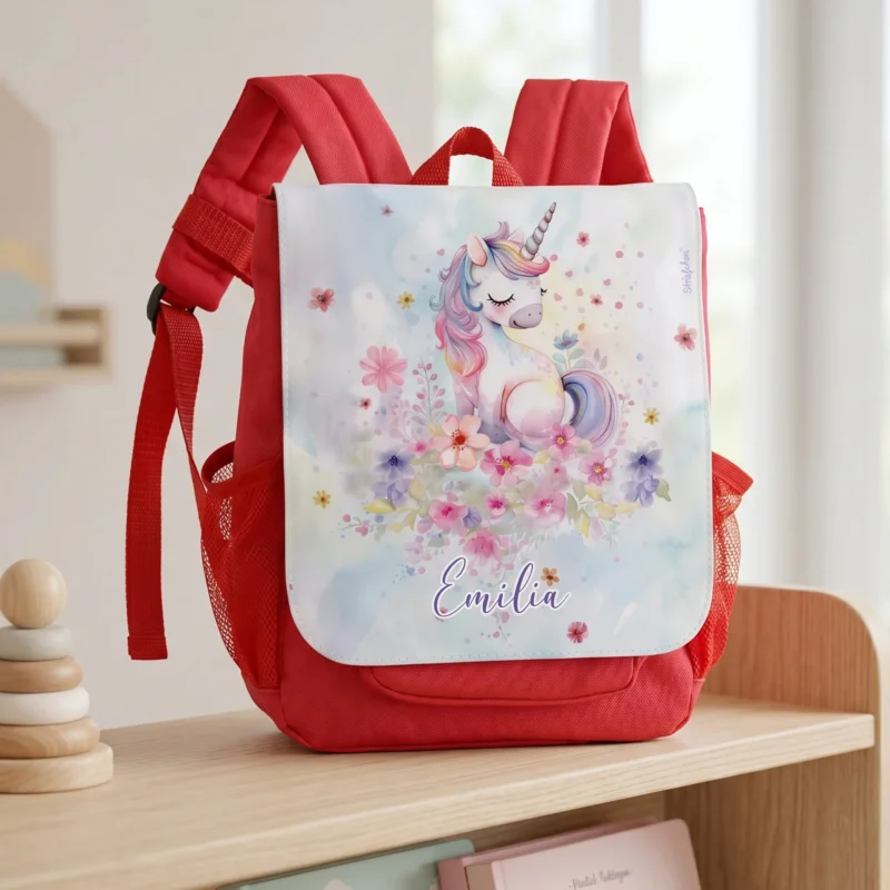 Personalisierter Kinder Rucksack in Rot mit Einhorn, Blumenmotiv und Name Emilia auf heller Holzbank