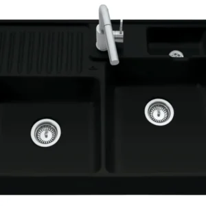 Villeroy & Boch Spülstein Doppelbecken Pure Black - 6323 91 R7 Keramikspüle inkl. Hahnlöcher für Armatur u. Seifenspender