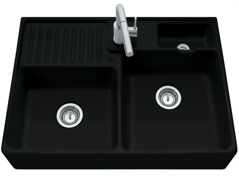 Villeroy & Boch Spülstein Doppelbecken Pure Black - 6323 91 R7 Keramikspüle inkl. Hahnlöcher für Armatur u. Seifenspender
